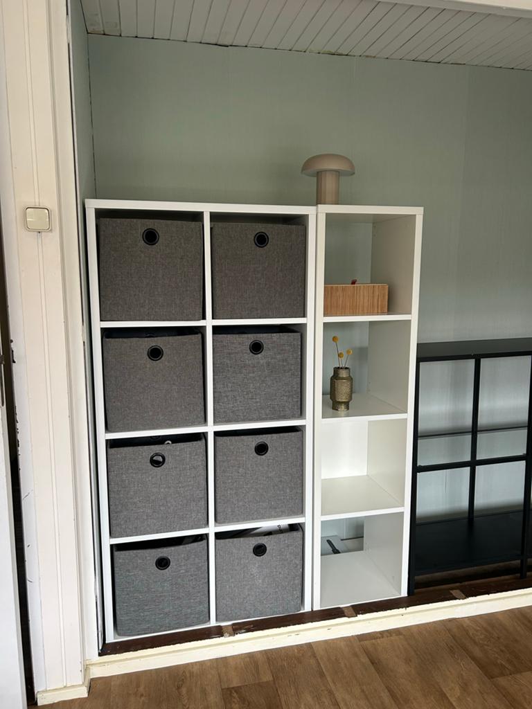Kallax kast met 9 opbergbakken - Wit, Ophalen, Met plank(en), Gebruikt, 100 tot 150 cm