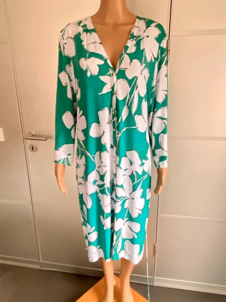 K194 Claudia Strater 44=L lange blouse-jurk groen/blauw/wit, Blauw, Maat 42/44 (L), Ophalen of Verzenden, Zo goed als nieuw