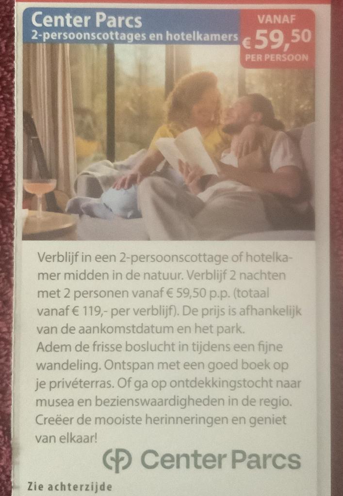 Center Parcs Vakantie Voordeelbon, Twee personen, Kortingsbon, Bungalowpark