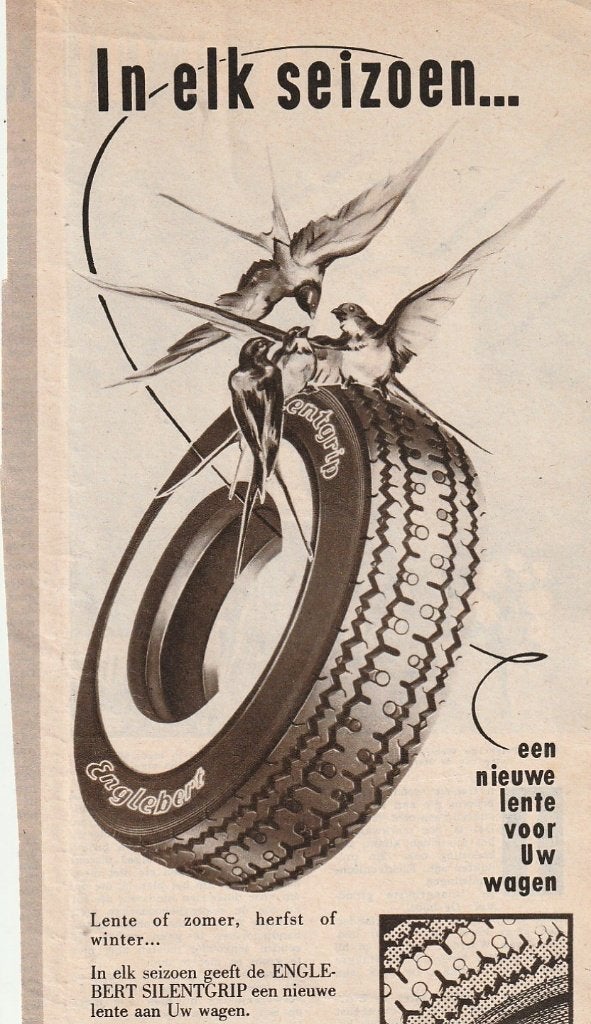 Retro reclame 1957 Silentgrip Englebert auto banden begrip, Verzenden, Overige typen