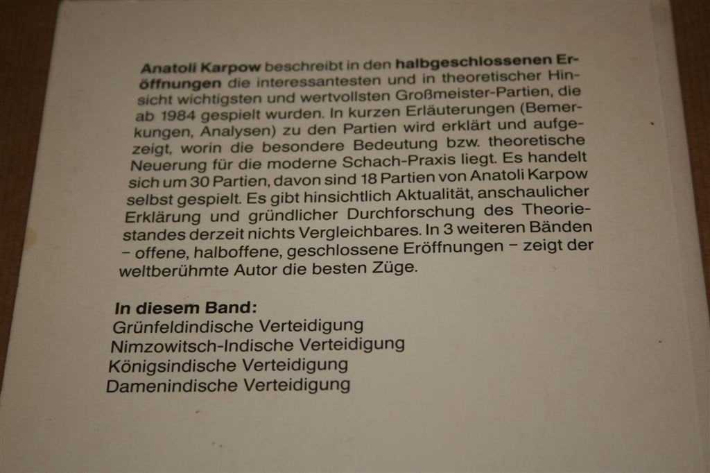 Schaken — Karpov over halfopeningen [Duits, 1989], Ophalen of Verzenden, Gelezen
