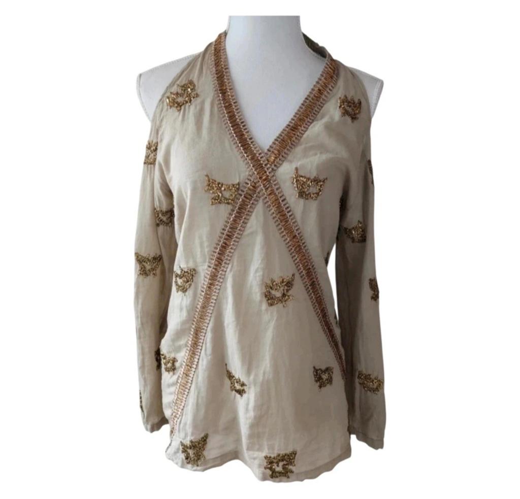 2 Love Tony Cohen Ecru Katoenen Off Shoulder Blouse Gouddraa, Verzenden, Beige, Zo goed als nieuw, Lange mouw