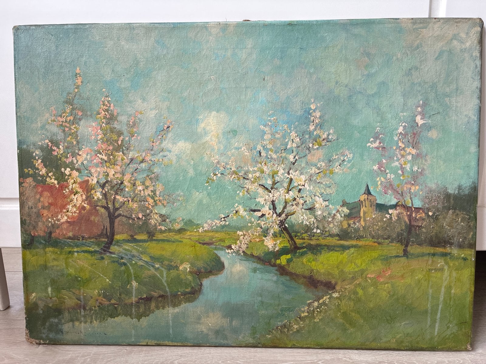 Oud olieverfschilderij: Kerkje, water en bloesembomen, Ophalen, Doek, Olieverf, Handgeschilderd