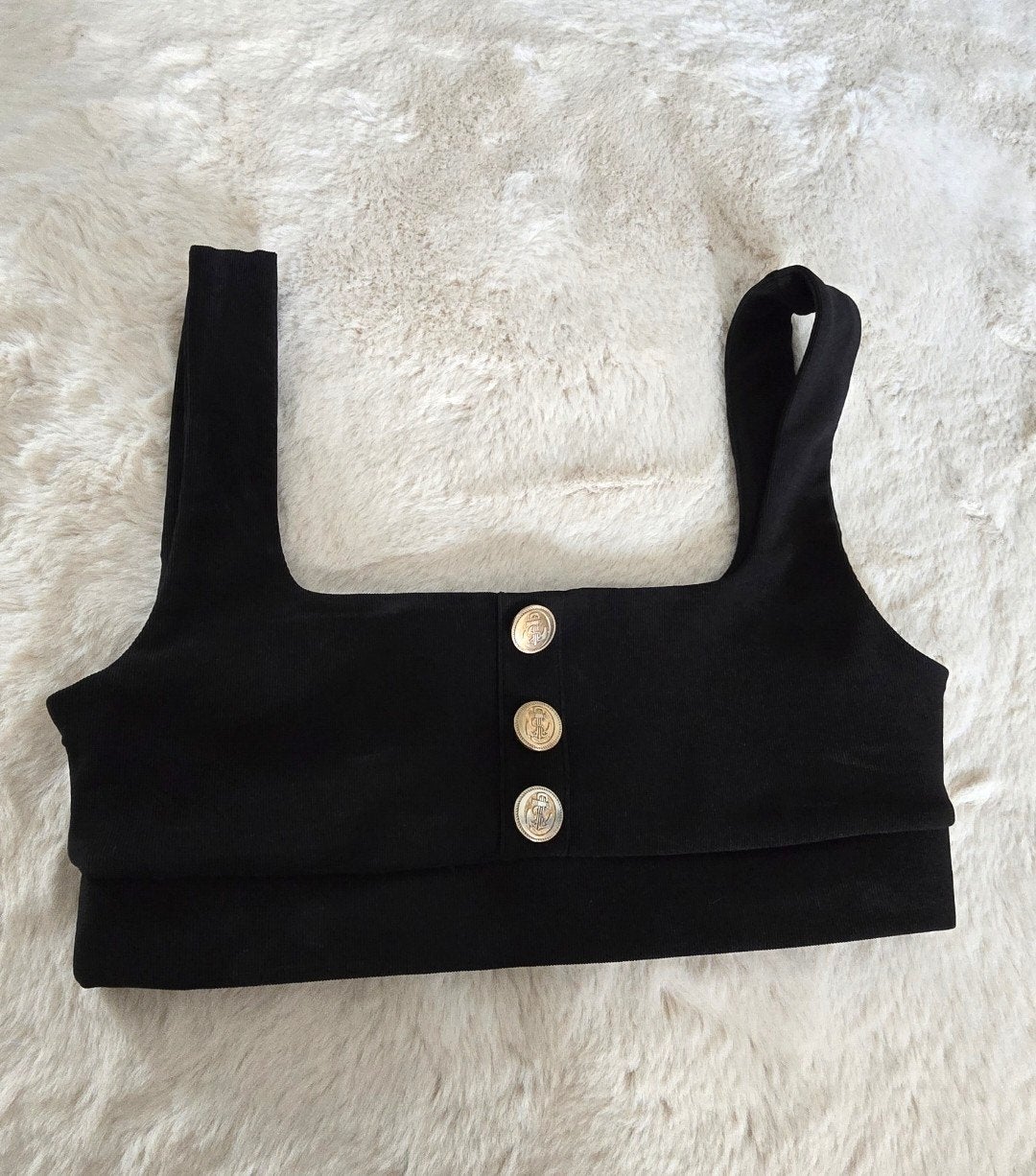 Zwarte Zara crop top met gouden knopen, Maat 38/40 (M), Verzenden, Nieuw, Zonder mouw