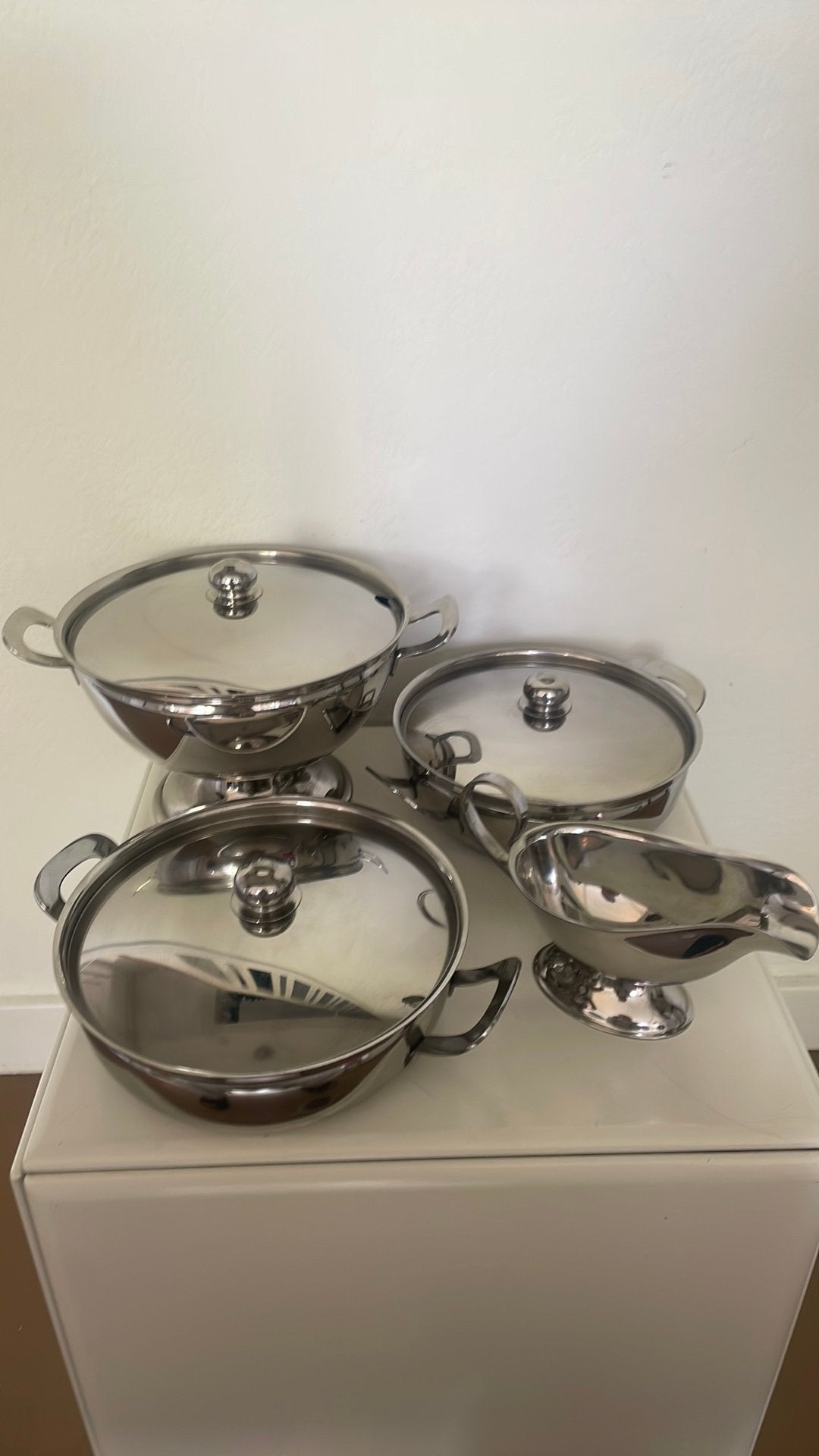 Prachtige 4-delige Vintage Gero Zilmeta Serveerset – RVS, Huis en Inrichting, Gebruikt, Pannenset, Ophalen of Verzenden, Rvs