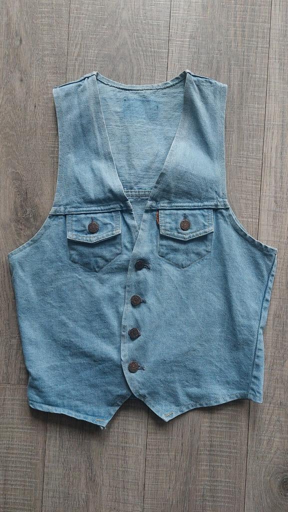 Vintage 70s/80s Levis Orange Tab denim gilet waistcoat, Blauw, Ophalen of Verzenden, Zonder mouw, Maat 34 (XS) of kleiner