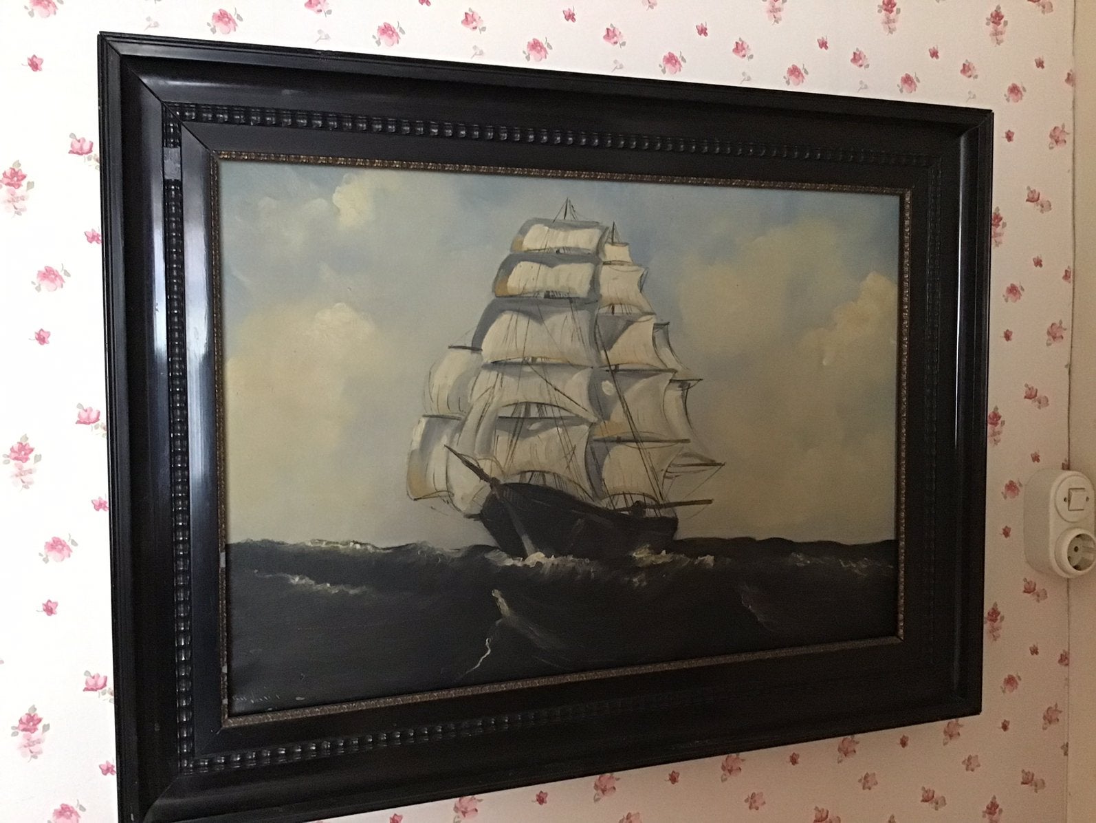 Groot oud schilderij met Boot  en zwarte lijs met goud kleur, Antiek en Kunst, Kunst | Schilderijen | Klassiek, Ophalen of Verzenden