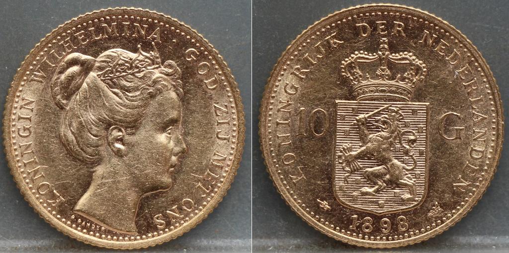 Gouden tientje 1898 - 10 gulden 1898 met punt, Postzegels en Munten, Munten | Nederland, Verzenden, Goud, Koningin Wilhelmina