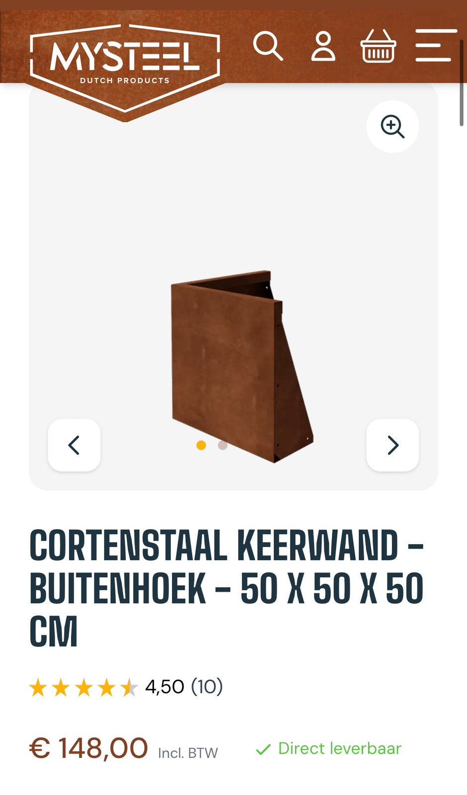 MySteel CORTENSTAAL KEERWAND - BUITENHOEK - 50 X 50 X 50 CM, Ophalen, Nieuw, Metaal, 60 tot 100 cm