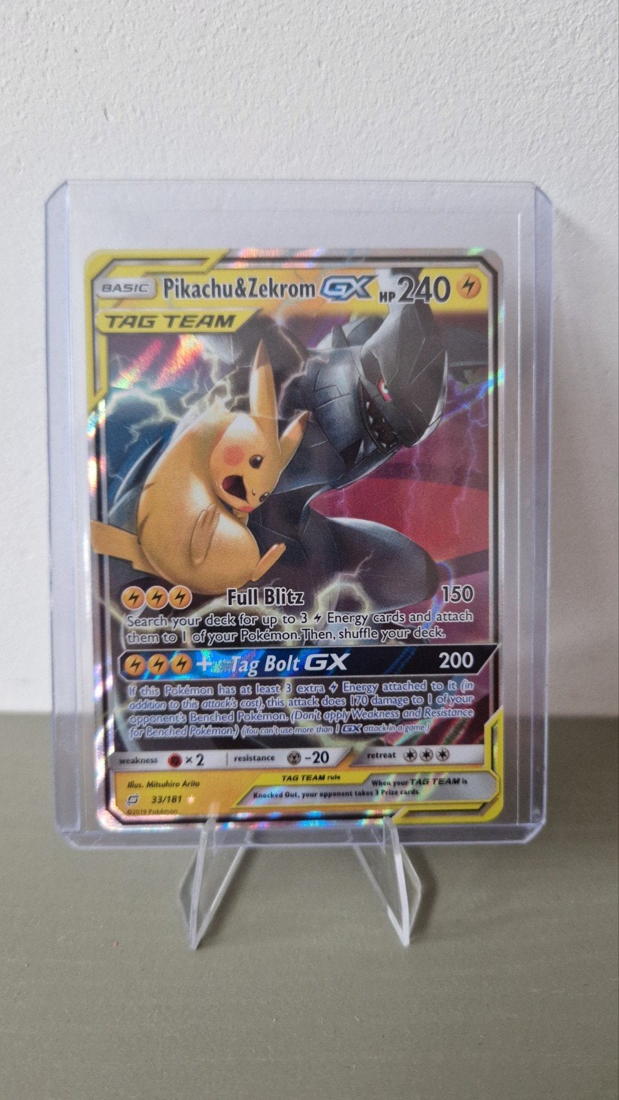 Pikachu & Zekrom GX Tag Team Pokémon Kaart - Perfecte Staat, Ophalen of Verzenden, Zo goed als nieuw, Losse kaart, Foil