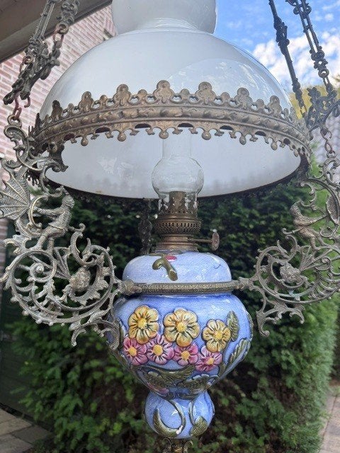Antieke originele hangende petroleumlamp – compleet, Antiek en Kunst, Ophalen