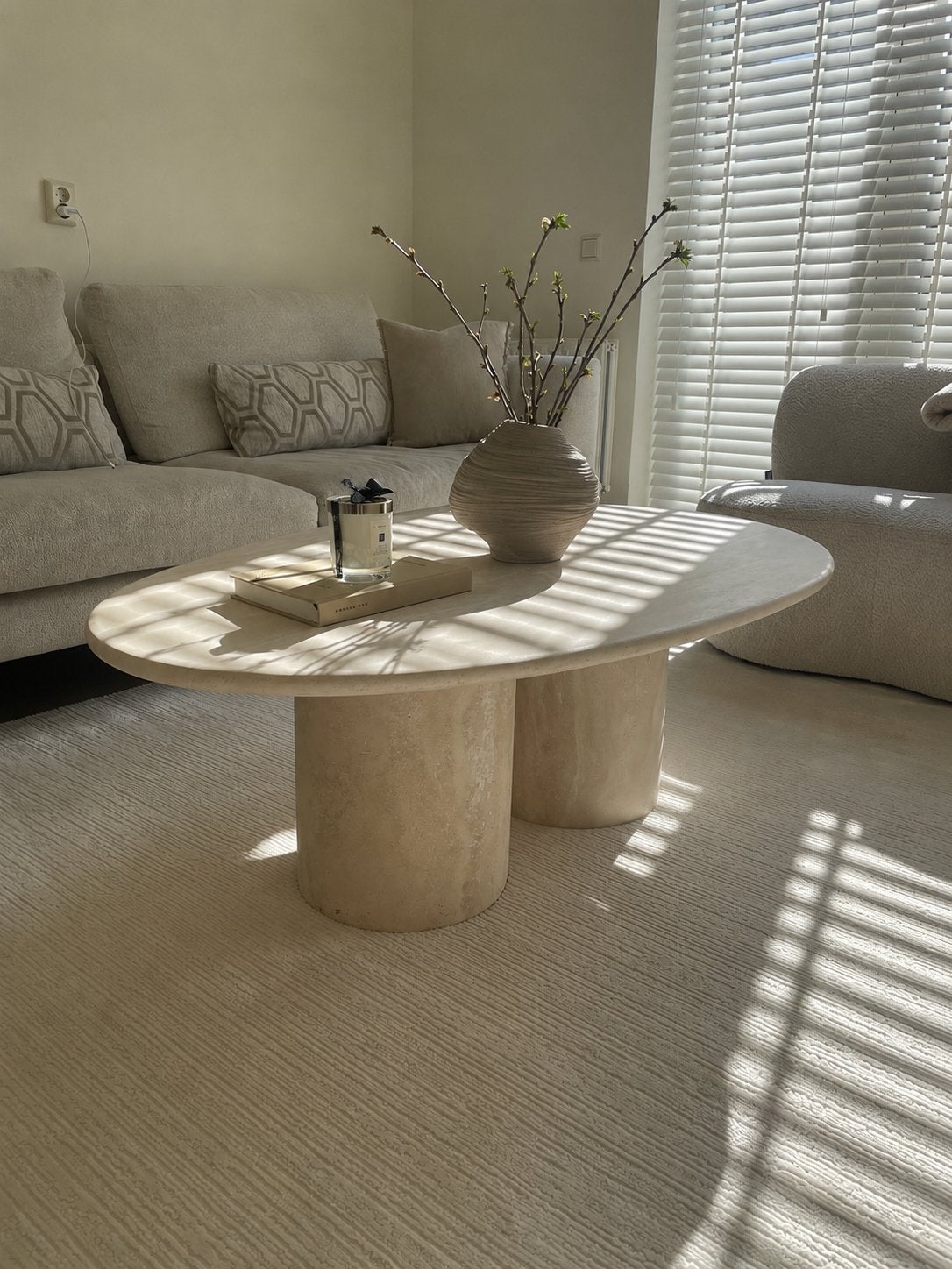 Travertin salontafel 120 x 80 x 40 Ovaal, Ophalen, 100 tot 150 cm, 50 tot 100 cm, Zo goed als nieuw