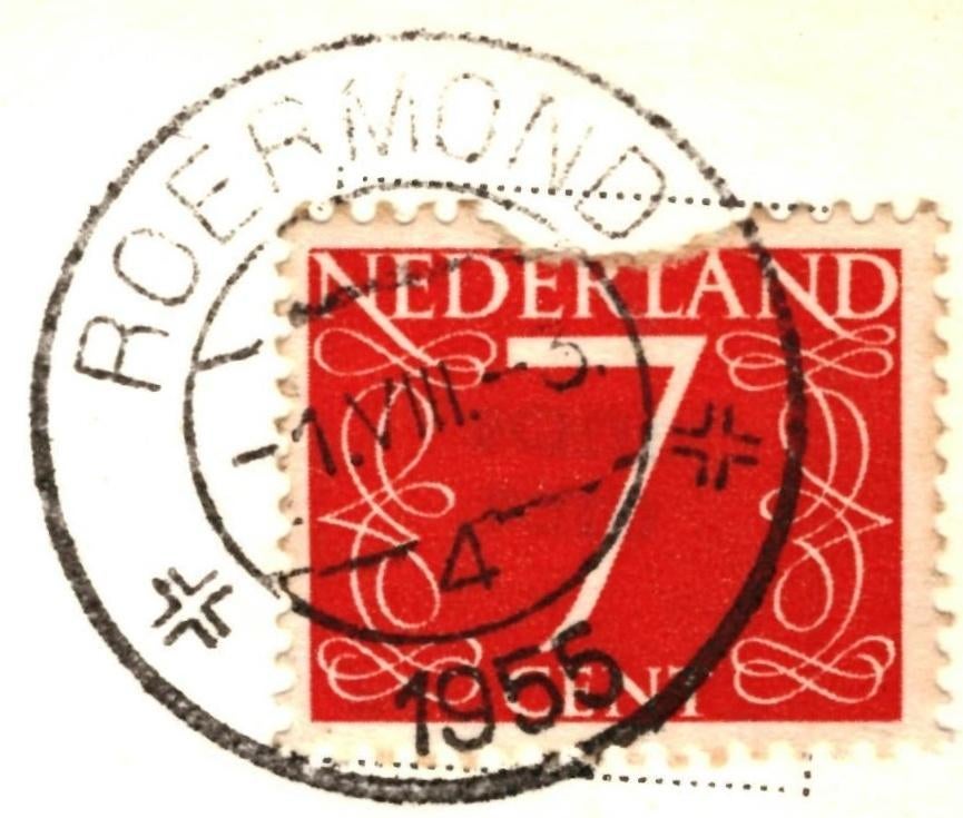 991314 Roermond 1955 Gelopen met postzegel, Ophalen of Verzenden, 1940 tot 1960, Gelopen, Limburg