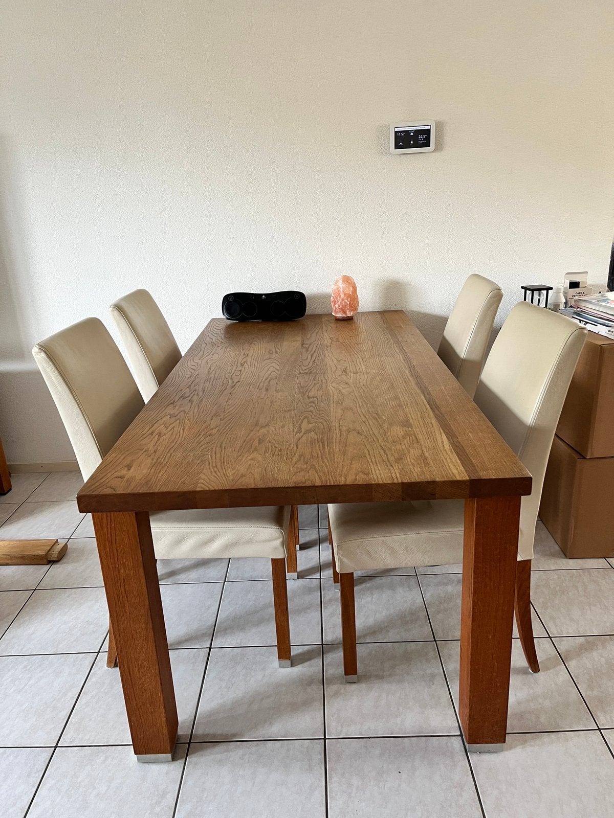 Mooie grote eettafel met 6 leren stoelen, Ophalen, Zo goed als nieuw, 4 tot 6 stoelen