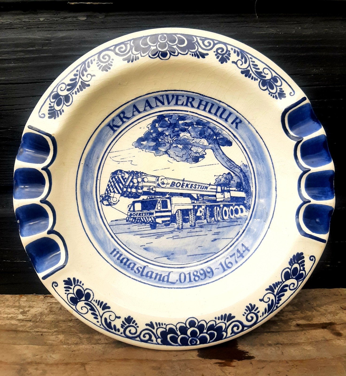 Delfts Blauw Asbak - (Kraanverhuur - BOEKESTIJN - Maasland), Ophalen of Verzenden, Asbak