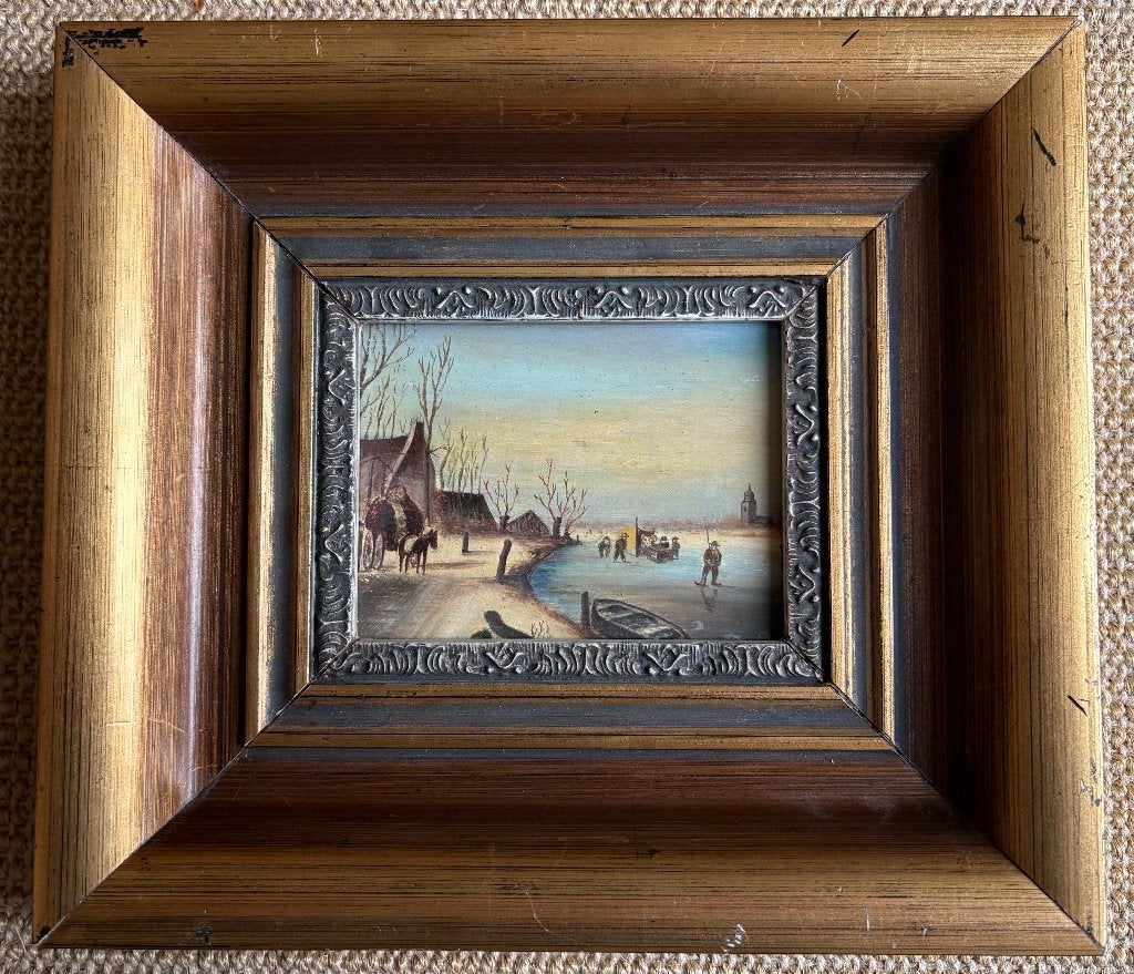Schilderij van winterlandschap (olieverf op houten paneel), Ophalen of Verzenden