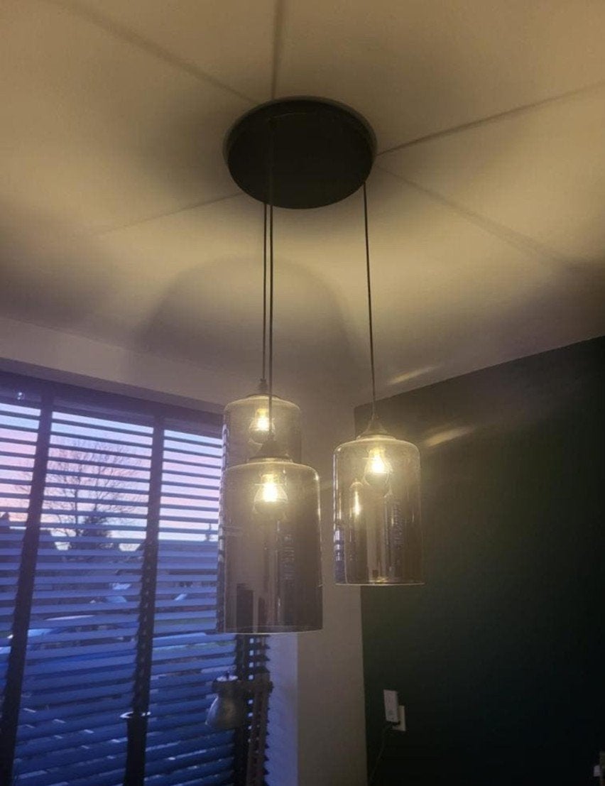 Hanglamp smoke glas 3-lichts langwerpig, Huis en Inrichting, Lampen | Hanglampen, Ophalen, Modern, Industrieel, E27 (groot), Zo goed als nieuw