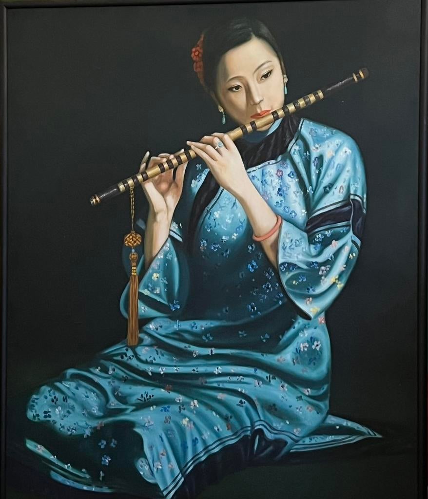 Chinese olieverf schilderij met zwarte stalen lijst, Ophalen of Verzenden