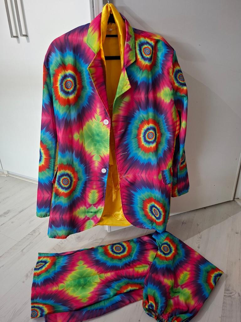 Carnavalskostuum Hippie Jaren 70 Regenboog Pak Maat 54, Ophalen of Verzenden, Zo goed als nieuw, Maat 52/54 (L)