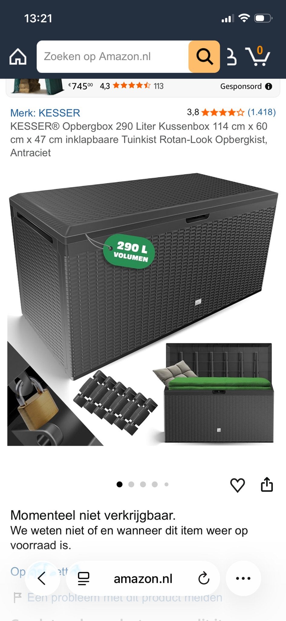 KESSER Opbergbox 290L Kussenbox Antraciet Rattan-Look, Ophalen of Verzenden, Nieuw, Kunststof, Overige typen