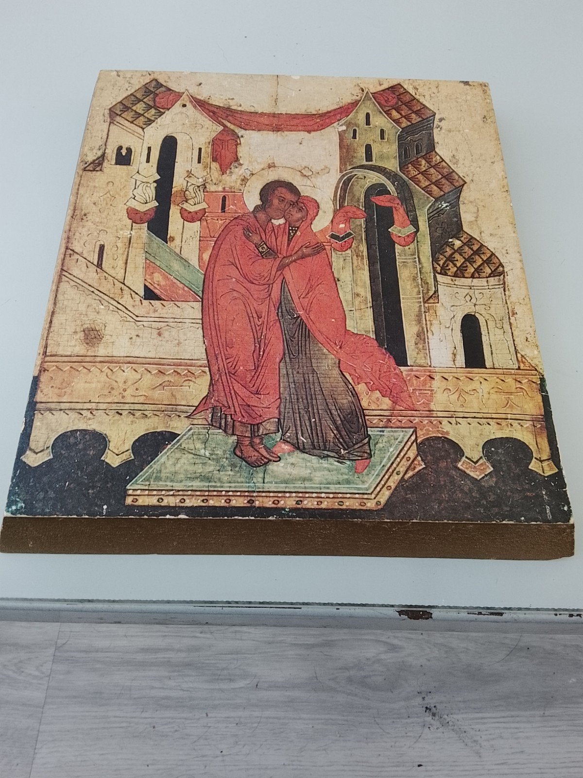 Antieke Russische Icoon: De Ontmoeting van Joachim en Anna, Ophalen of Verzenden