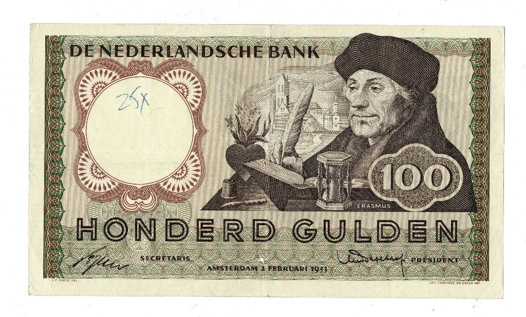 100 gulden bankbiljet 1953 Erasmus (zie scans), Ophalen of Verzenden, 100 gulden, Los biljet