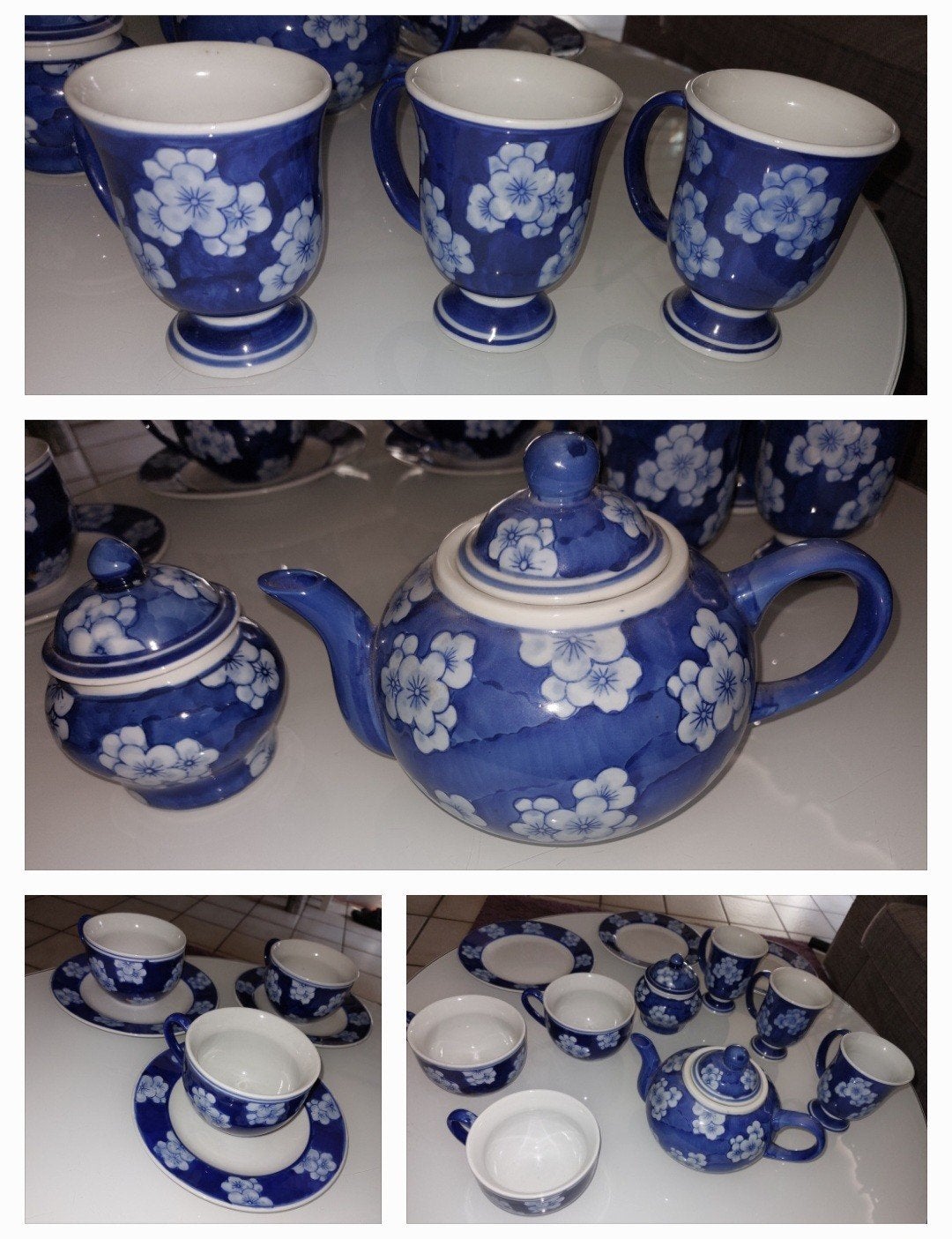 Blauw-wit servies met sakura bloemmotief - theepot, kopjes,, Ophalen