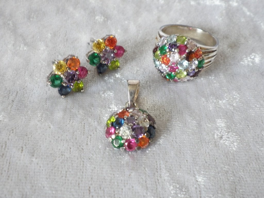 Mooie 3-delige Zilveren Set met gekleurde steentjes, Verzenden, Zilver, Ring, Met edelsteen
