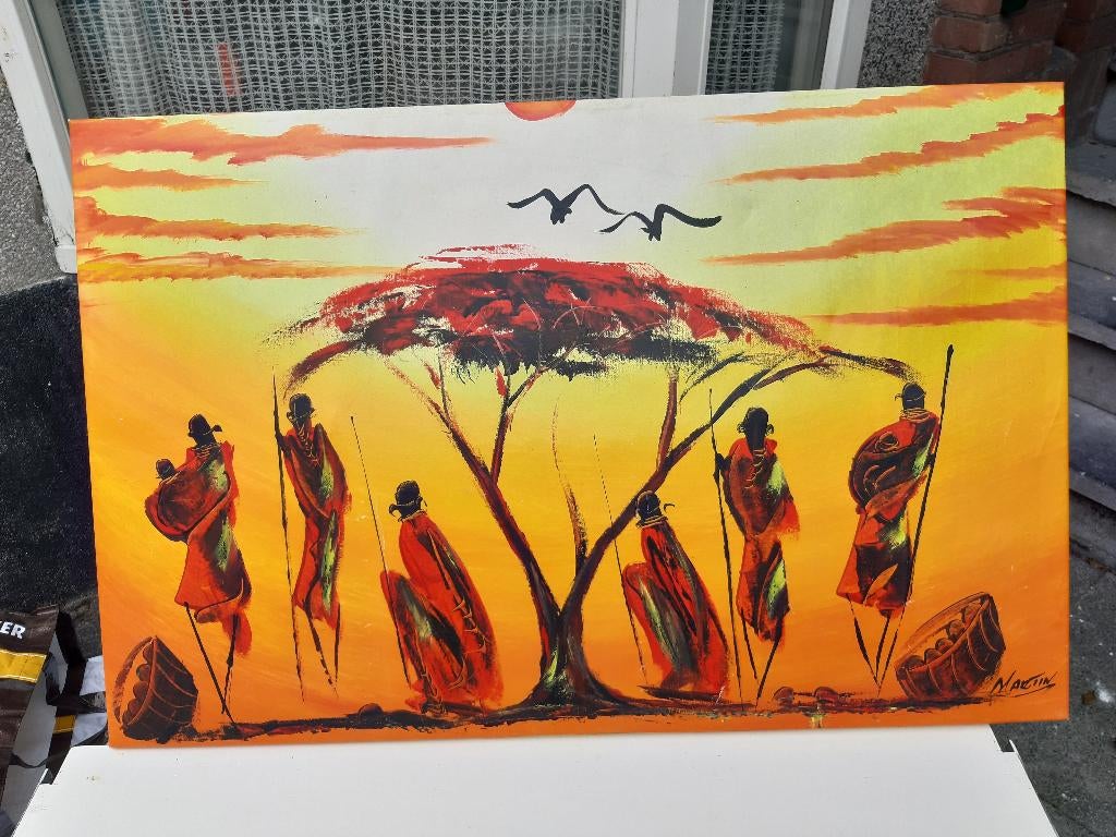Hand geschilderd schildrij uit Kenia, Maasai Warriors, Moder, Antiek en Kunst, Ophalen