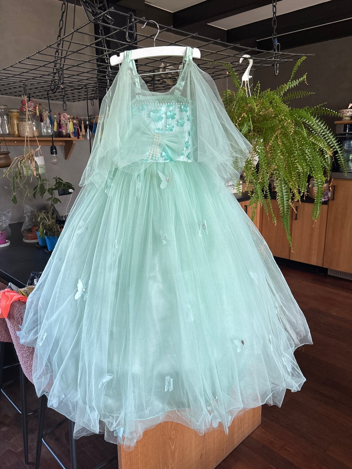 Prachtige Mintgroene Prinsessenjurk met Vlinders 5/6 jaar, Ophalen, Gebruikt, 110 t/m 116, Meisje