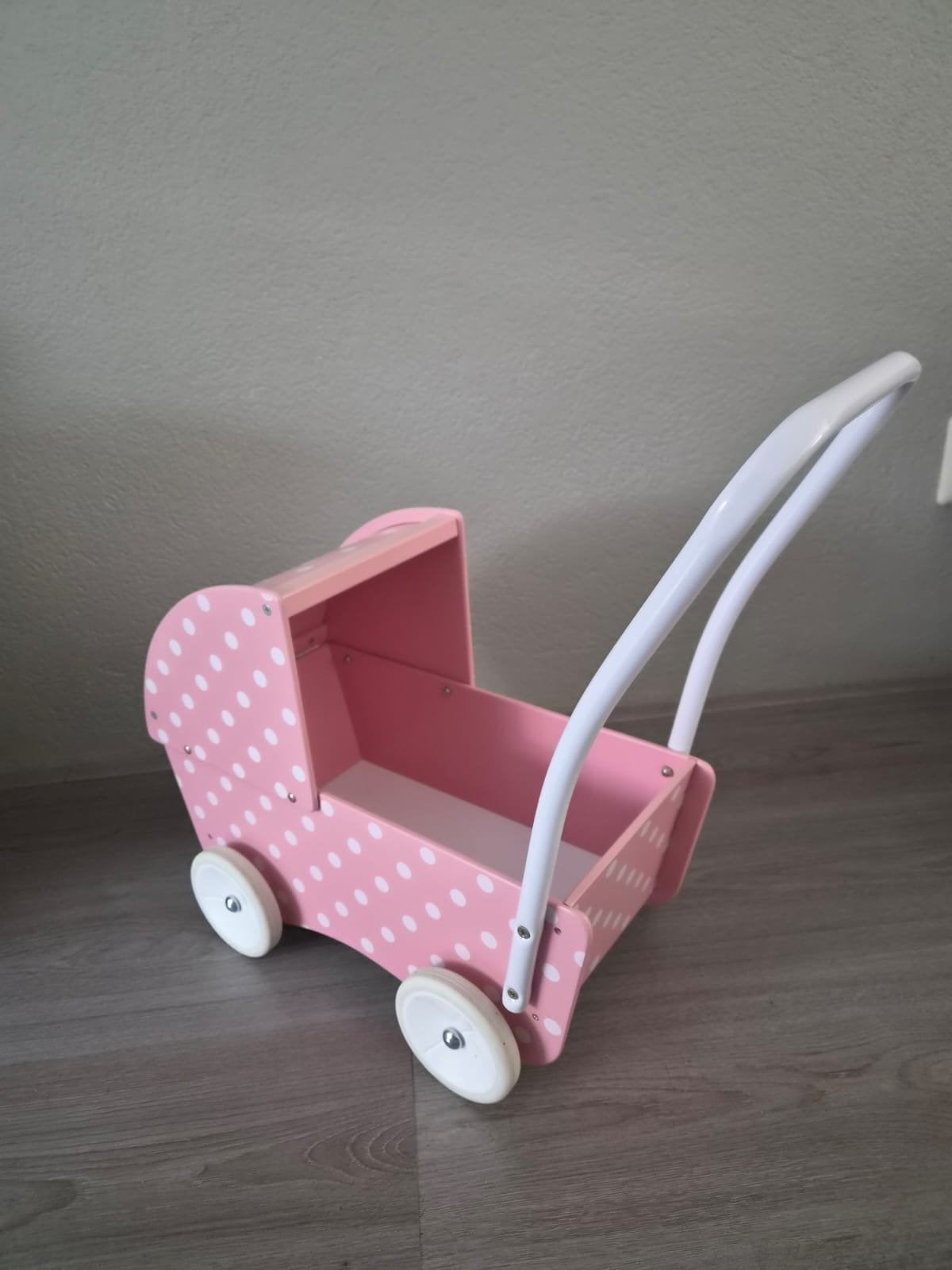 Roze houten poppenwagen met witte stippen, Ophalen, Gebruikt, Overige typen