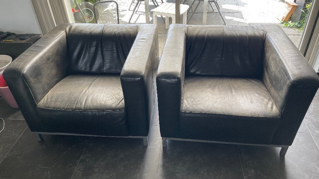 Machalke fauteuils, Huis en Inrichting, Fauteuils, Ophalen, Gebruikt, 75 tot 100 cm, Leer