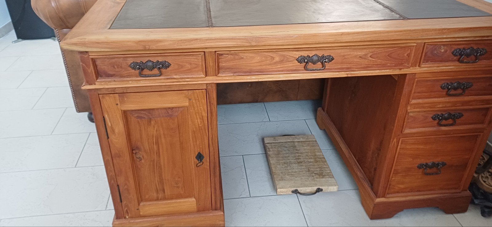 Massief houten bureau met lederen blad - Superkwaliteit, Met lades, Hout, Secretaire, Bruin