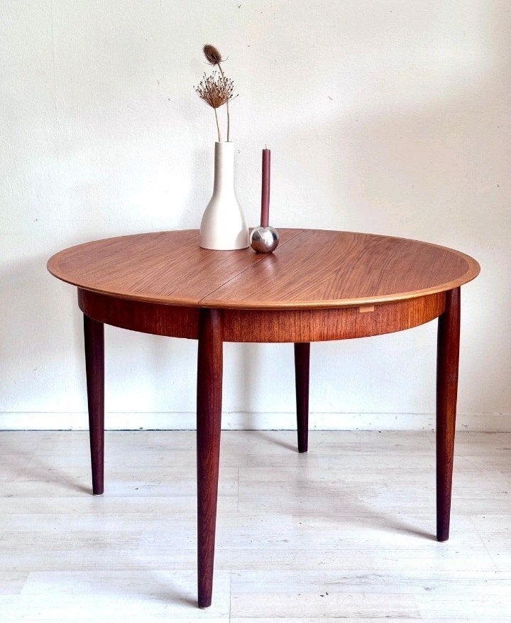 Vintage ronde eettafel verlengbaar  Mid Century retro jaren, Ophalen, Gebruikt, Vijf personen of meer, 100 tot 150 cm