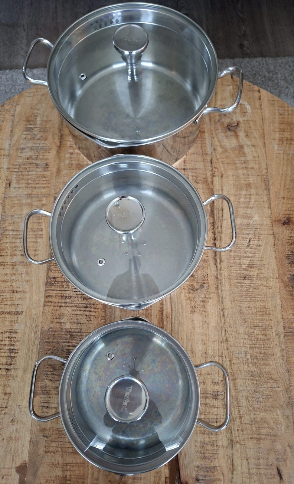 Tefal Pannenset RVS met glazen deksels, Huis en Inrichting, Ophalen, Geschikt voor inductie, Pannenset, Rvs