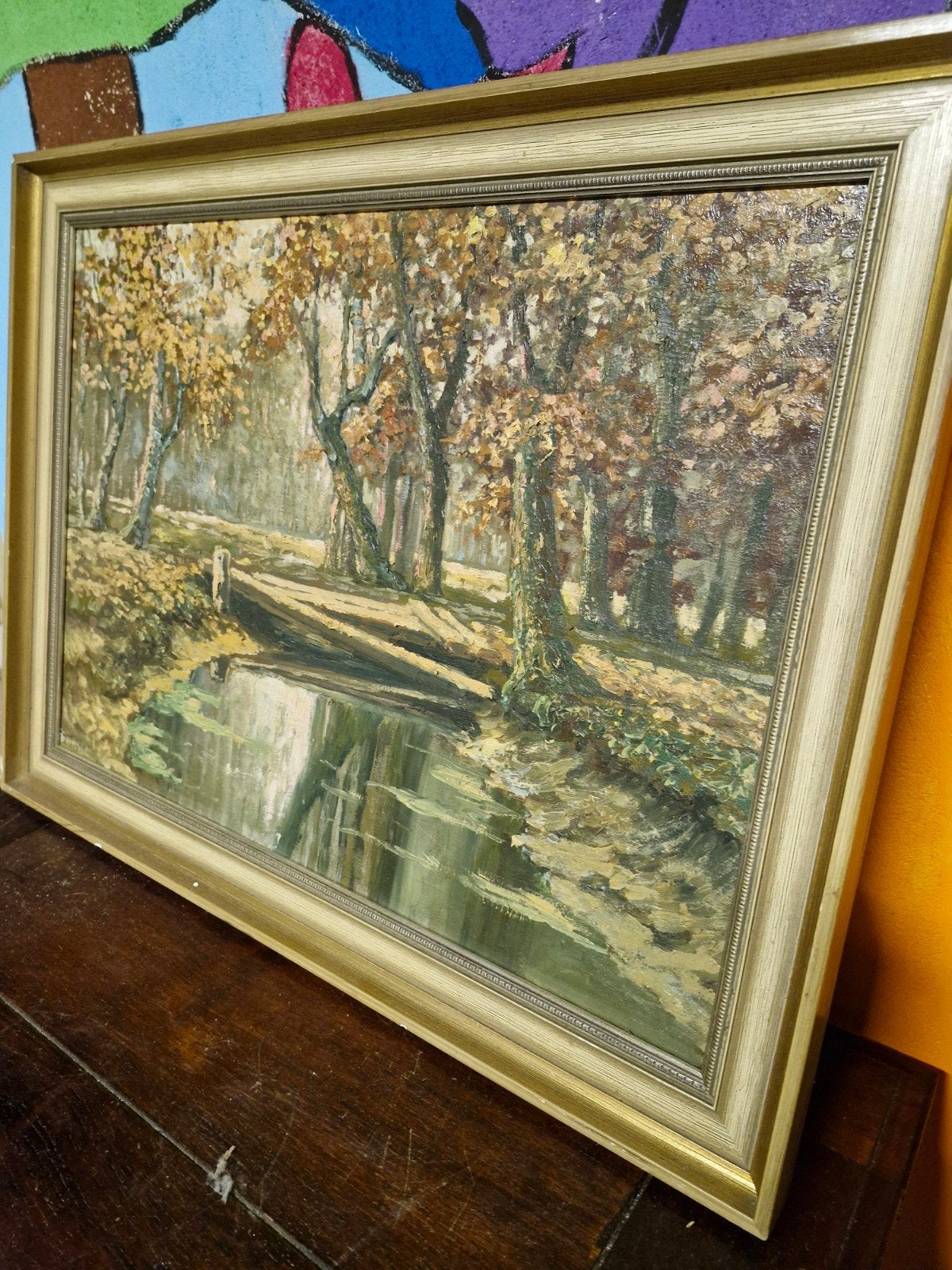 Schilderij Herfstlandschap met beek en bomen, Ophalen