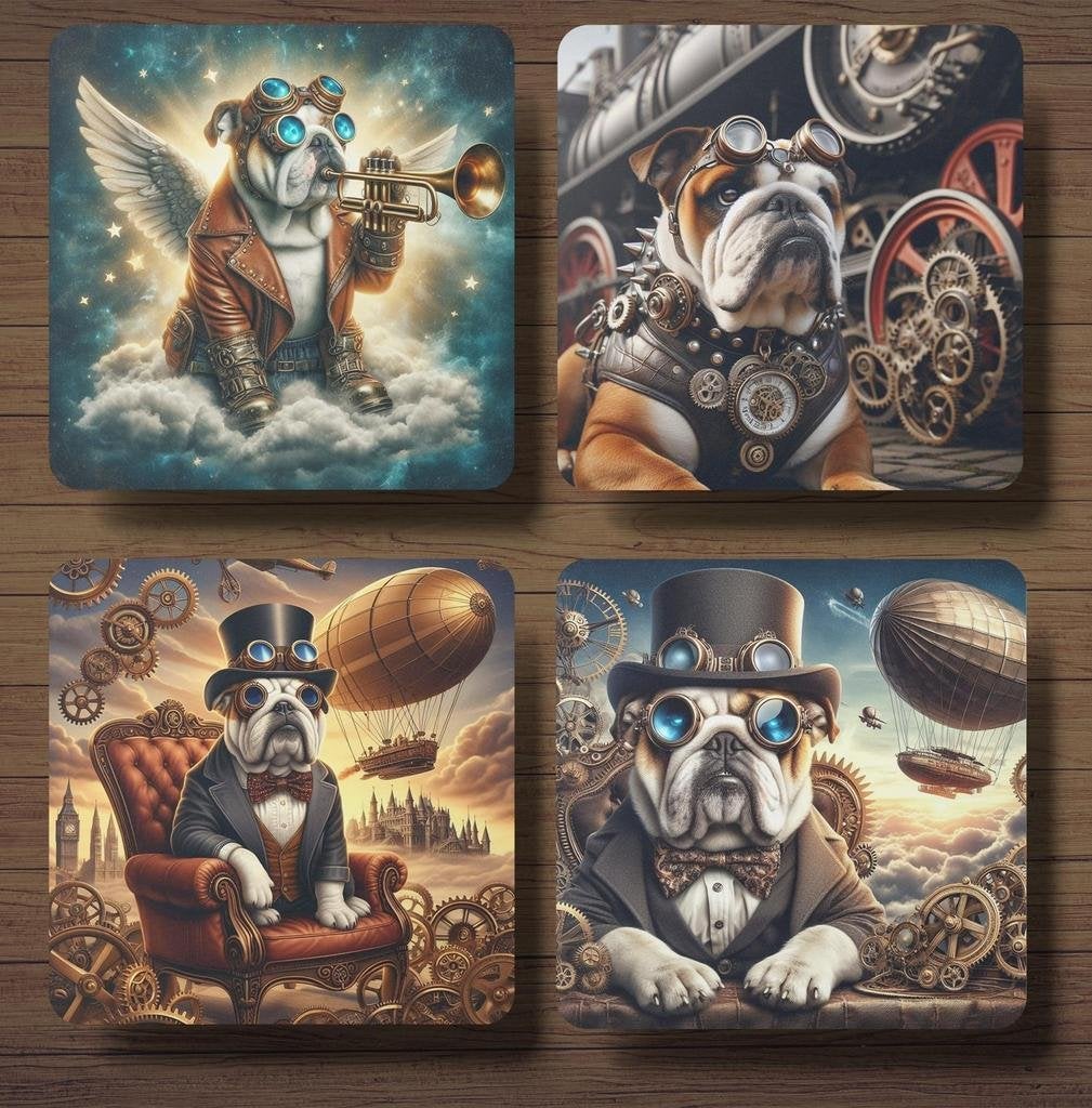 Engelse Bulldog Steampunk onderzetters met houder, Huis en Inrichting, Woonaccessoires | Onderzetters, Nieuw, Glas of Kopje, Ophalen of Verzenden