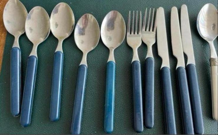 Camping Bestekset Blauw en Wit - 14-delig, Ophalen of Verzenden, Gebruikt