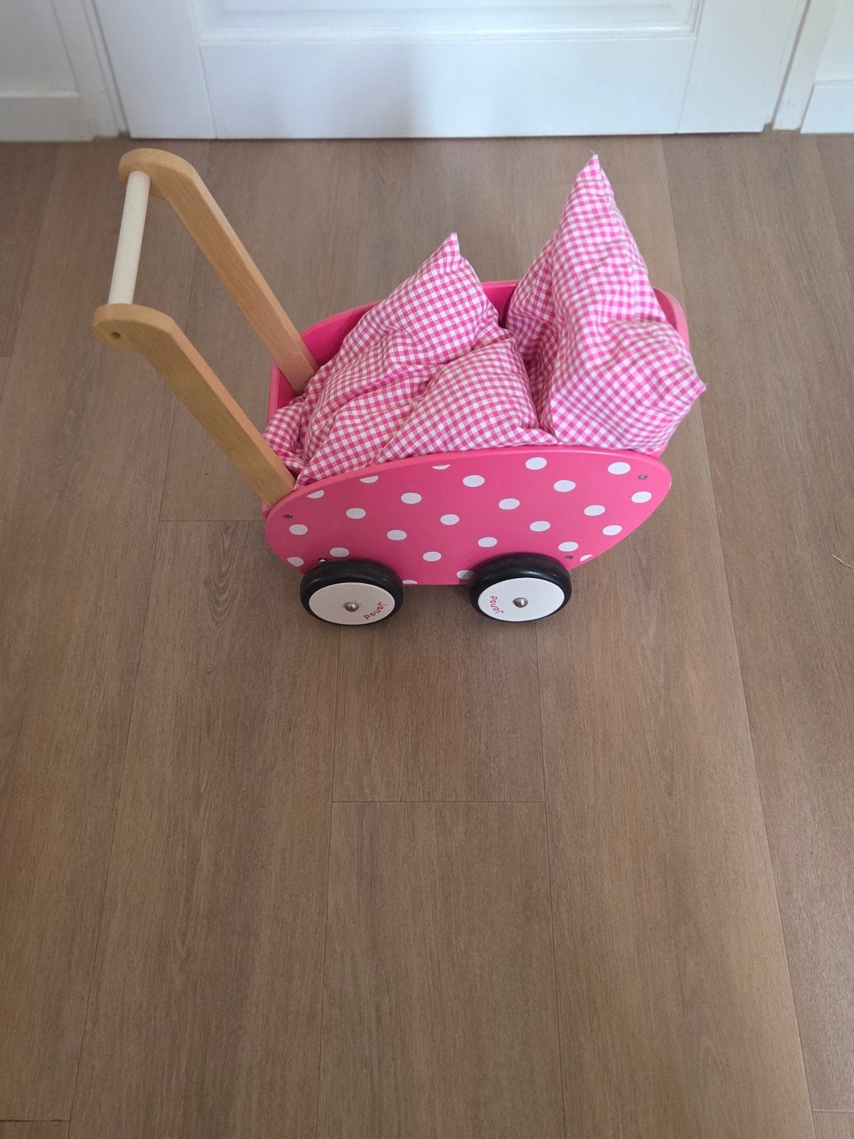 Houten poppenwagen roze met stippen, Kinderen en Baby's, Ophalen, Gebruikt, Babypop