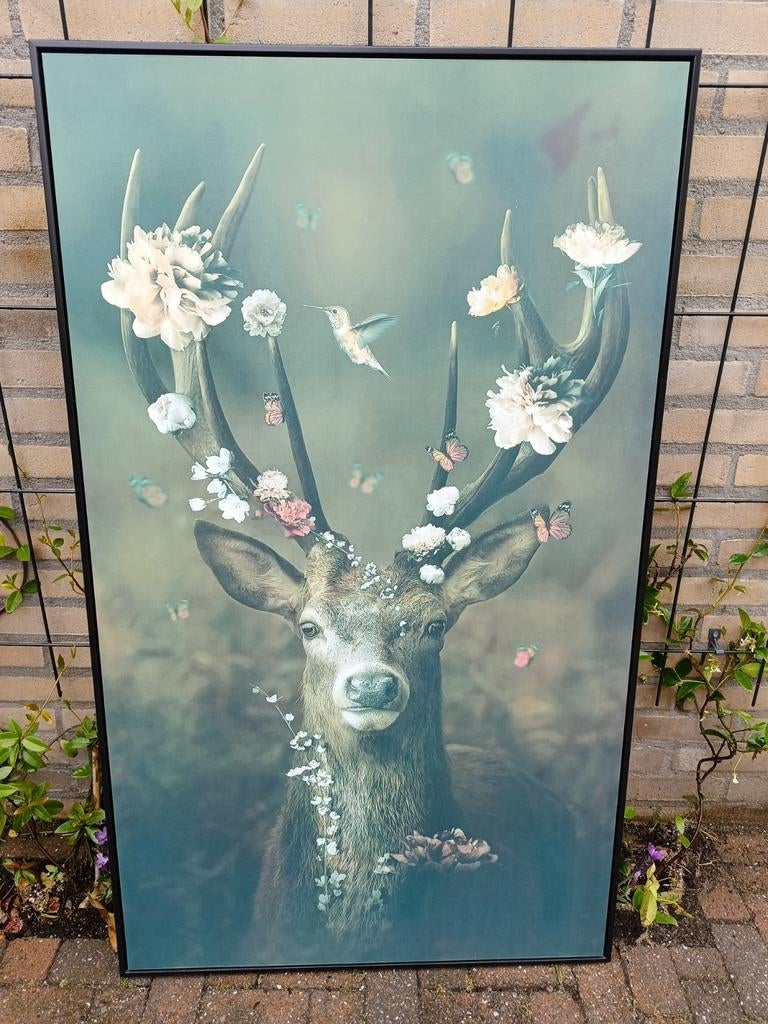 Schilderij met hert en bloemen, Antiek en Kunst, Ophalen