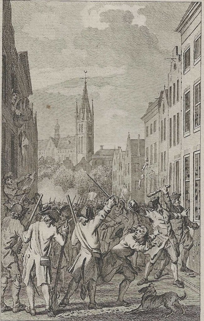 Haagsche Plunderbende te DELFT Kopergravure  Vinkeles 1796, Ophalen of Verzenden, 15 cm, 9 cm, 1700 - 1799