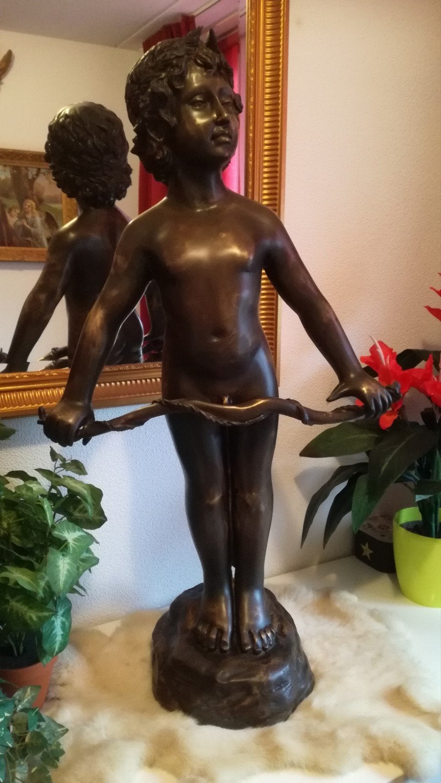 Groot bronzen beeld Gesigneerd 90 cm jongen met boog, Antiek en Kunst, Ophalen