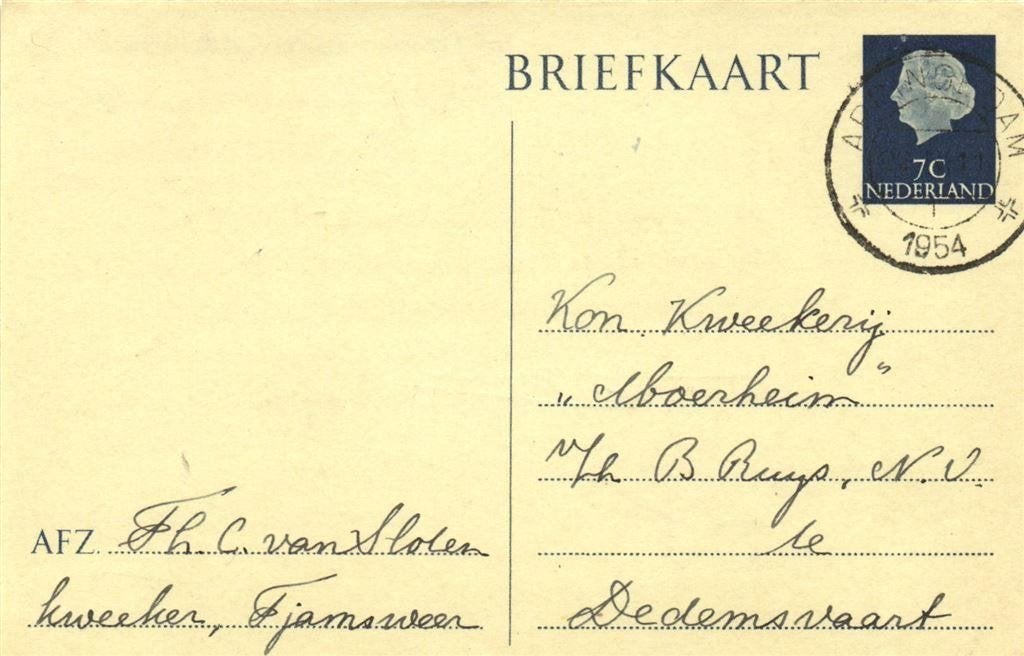 Th.C. van Sloten, kweeker, Tjamsweer - 04.1954 - briefkaart, Ophalen of Verzenden, Briefkaart