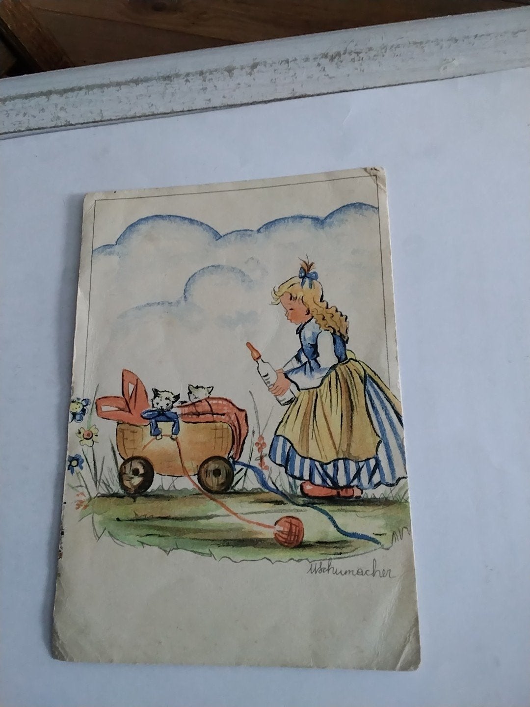 Vintage Ansichtkaart: Meisje met Poppenwagen  M.Schumacher, Ophalen of Verzenden, 1940 tot 1960, Ongelopen