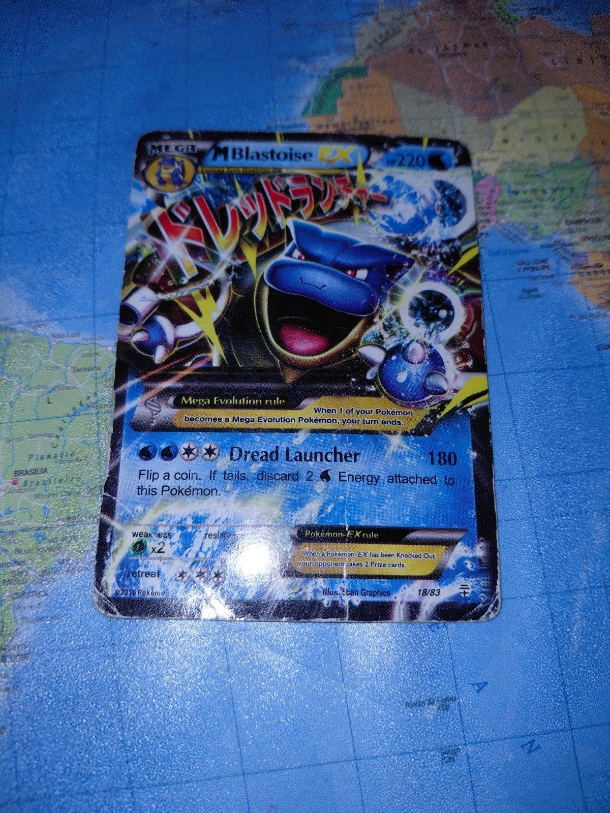 M Blastoise EX Pokémon kaart - Licht beschadigd, Ophalen of Verzenden, Gebruikt, Losse kaart, Foil