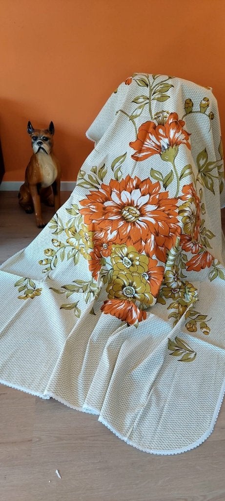 Vintage Jaren '70 Sprei / Deken  Bloemen (170x230) oranje, Katoen, Woondeken, Eu, Ophalen of Verzenden