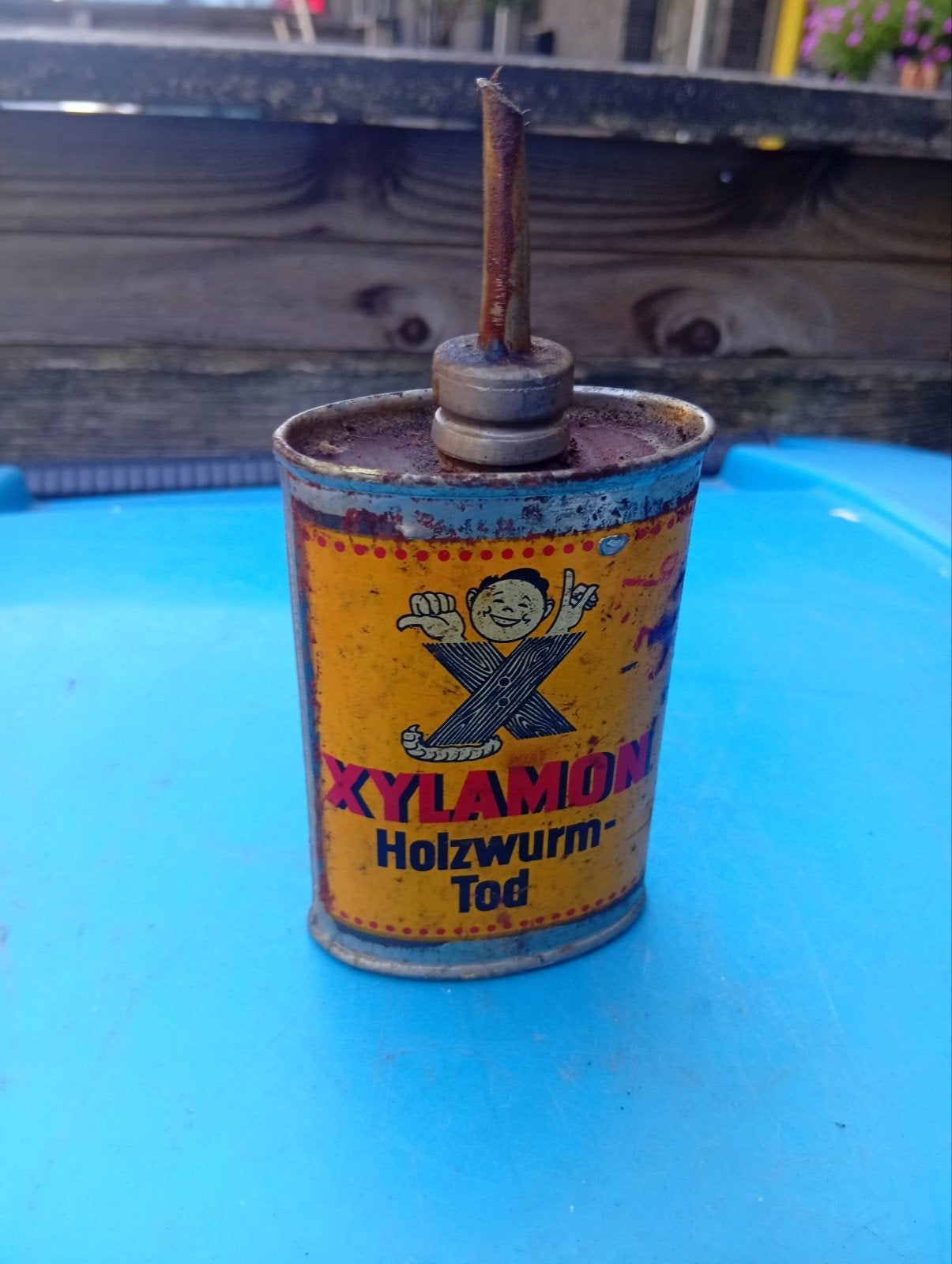 Vintage Xylamon Holzwurm-Tod blikje met tuit Düsseldorf, Antiek en Kunst, Ophalen of Verzenden