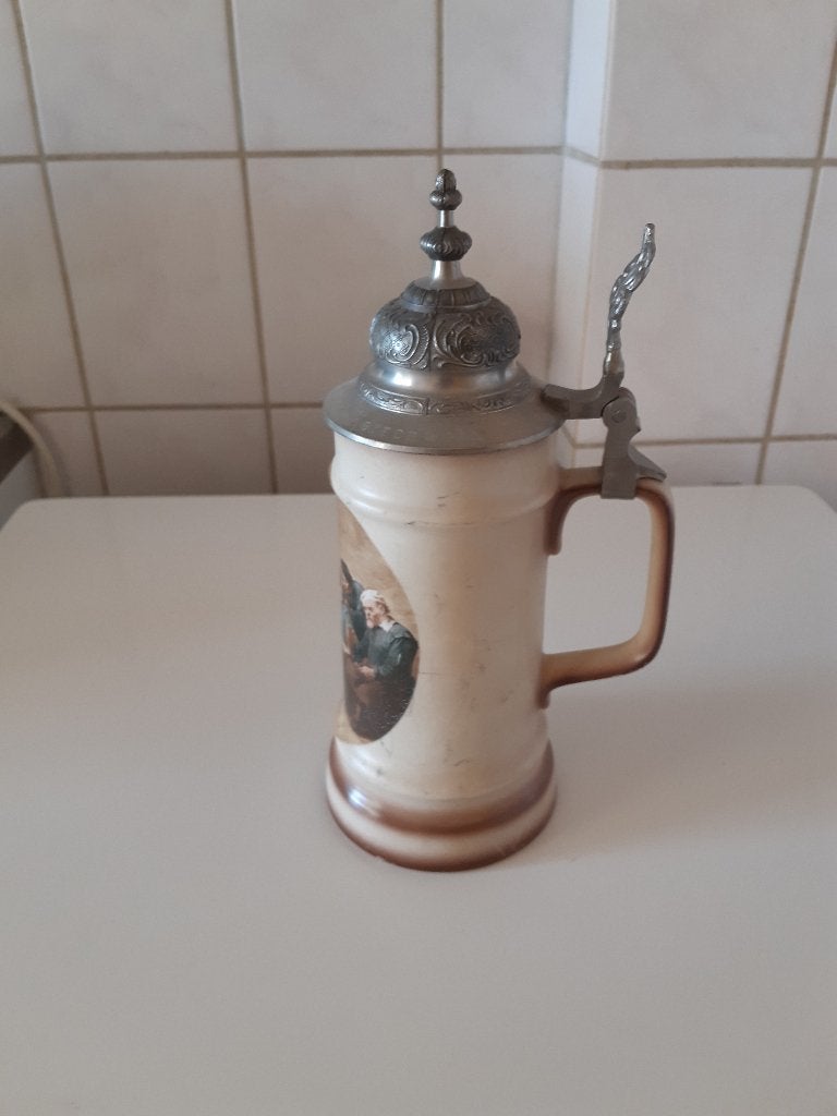 Vintage Bierpul met Tinnen Deksel en Scène, Verzamelen, Biermerken, Ophalen of Verzenden, Gebruikt, Pul(len), Overige merken