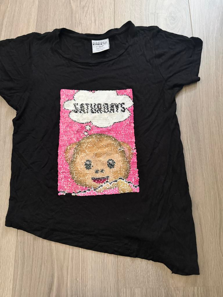 Zwart T-shirt met omkeerbare pailletten aap (8-9 jaar), Ophalen of Verzenden, Gebruikt, Meisje, Shirt of Longsleeve