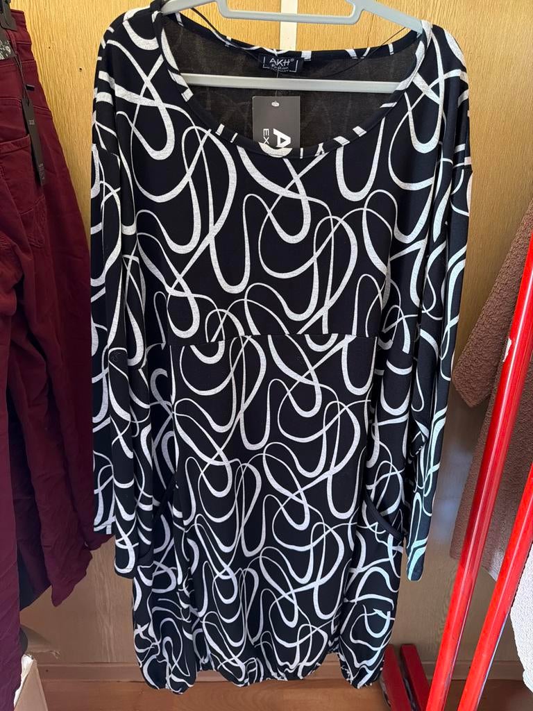 Akh tuniek zwart-wit met abstract patroon, Kleding | Dames, Grote Maten, Ophalen of Verzenden, Nieuw, Zwart